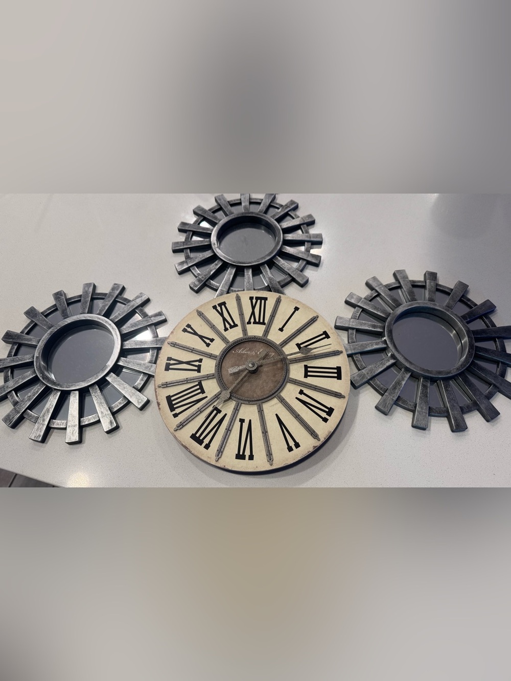 Rustic Sunburst Wall Clock and Mirror Set - Black and Cream